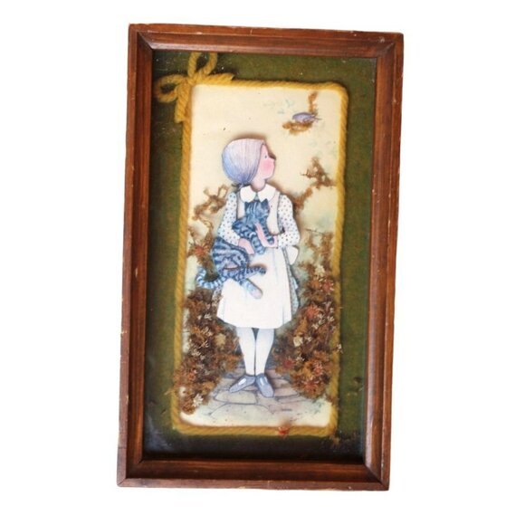 Vintage 1970's 3D wooden frame girl with a cat bird nature wall hanging collage - Picture 8 of 11